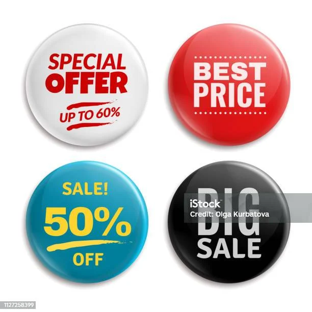 Lencana Pin Penjualan Tombol Badging Dilingkari Label Harga Mengkilap