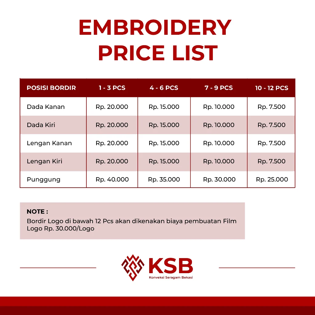 Berapa biaya jasa bordir satuan Bekasi?